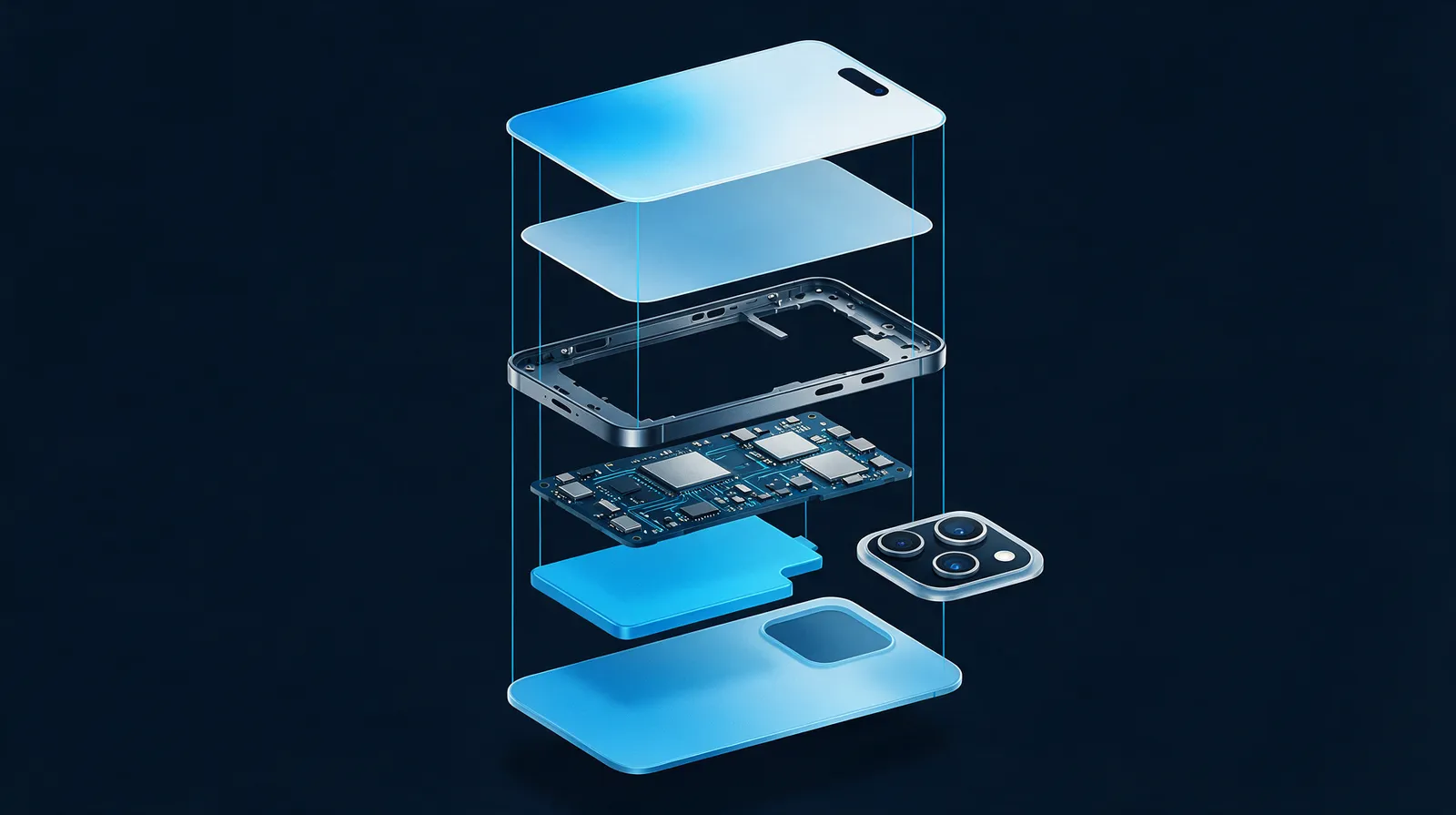 Anatomia telefonului — model 3D explodat